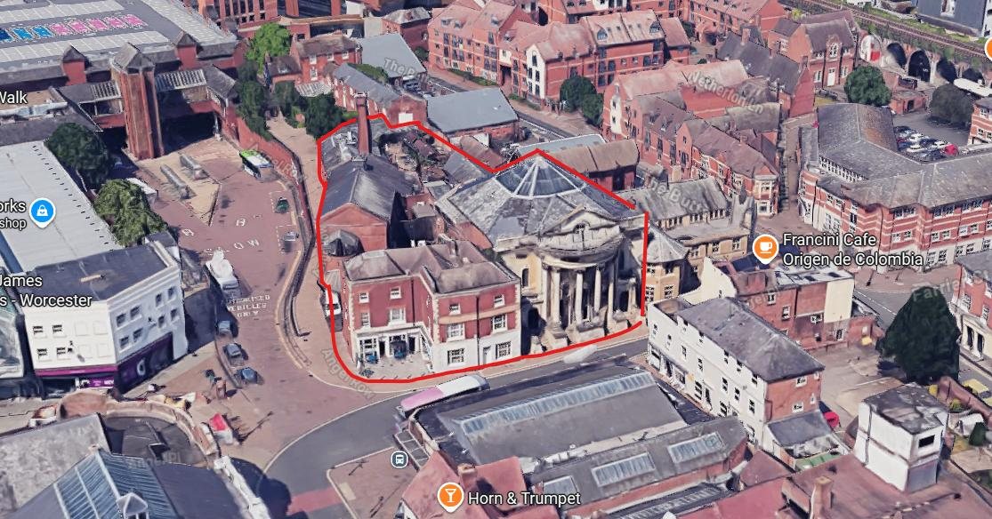 Aerial view of Angel Place with the site boundary